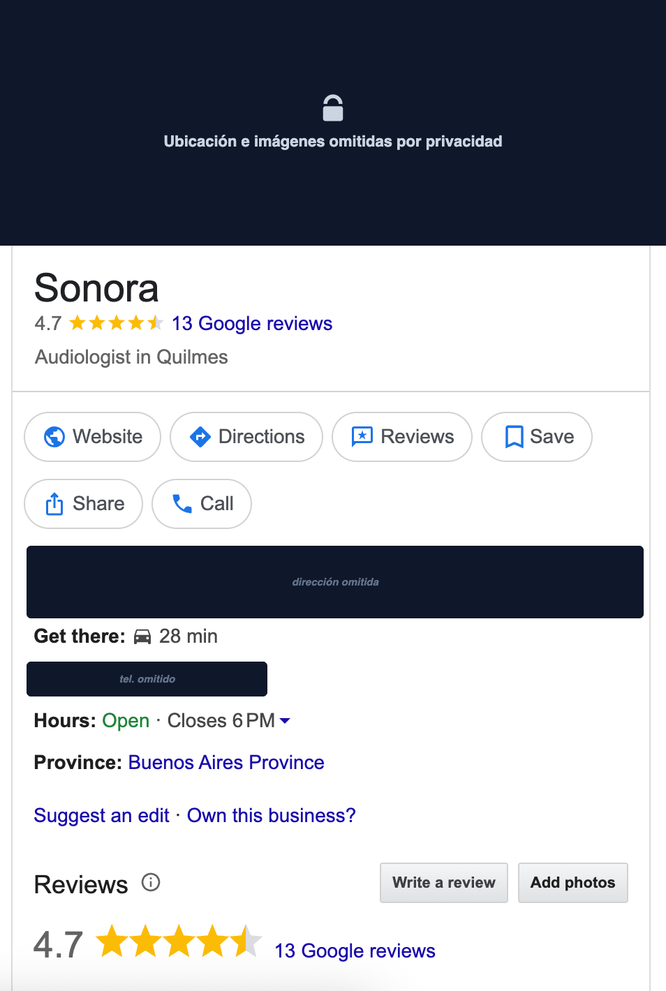 Perfil de Sonora en Google — 4,7 estrellas, 13 opiniones, Quilmes